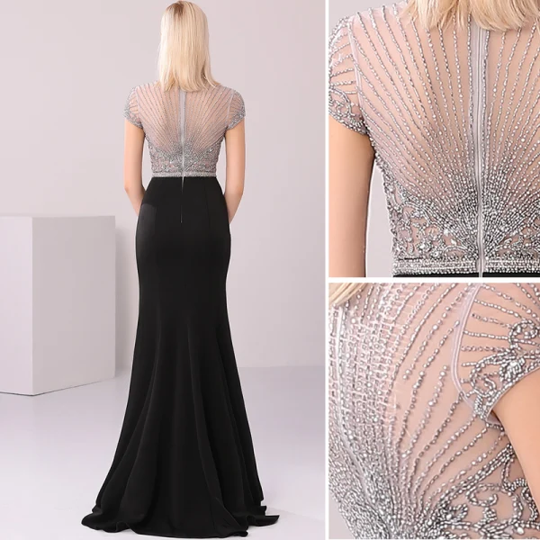 High-end Black Evening Dresses  2020 Trumpet / Mermaid Scoop Neck Handmade  Beading Crystal Rhinestone Short Sleeve Floor-Length / Long Formal Dresses