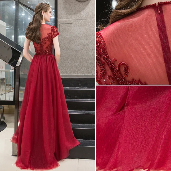 Haut de Gamme Bordeaux Robe De Soirée 2020 Princesse Encolure Dégagée Perlage Cristal Manches Courtes Train De Balayage Robe De Ceremonie