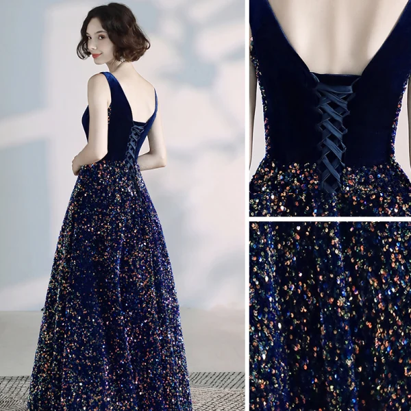 Elegant Royal Blue Prom Dresses 2020 A-Line / Princess Suede V-Neck Sequins Sleeveless Backless Floor-Length / Long Formal Dresses