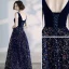 Elegant Royal Blue Prom Dresses 2020 A-Line / Princess Suede V-Neck Sequins Sleeveless Backless Floor-Length / Long Formal Dresses