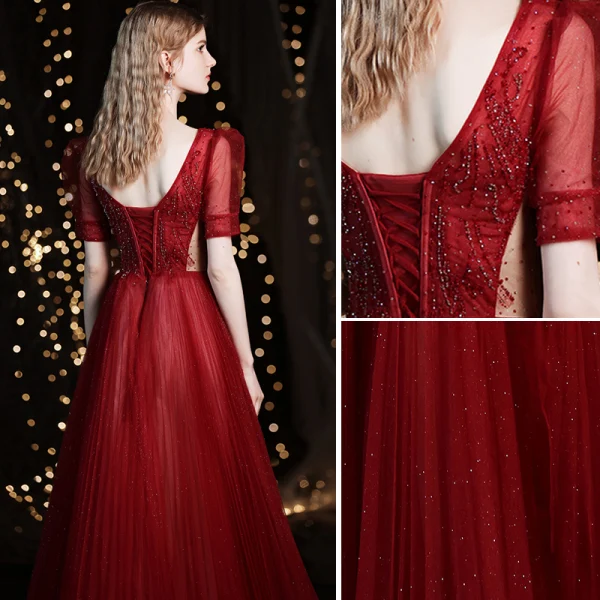 Chic / Beautiful Burgundy Glitter Prom Dresses 2021 A-Line / Princess V-Neck Beading Rhinestone Sequins Short Sleeve Backless Floor-Length / Long Formal Dresses