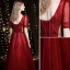 Chic / Beautiful Burgundy Glitter Prom Dresses 2021 A-Line / Princess V-Neck Beading Rhinestone Sequins Short Sleeve Backless Floor-Length / Long Formal Dresses