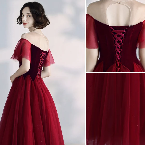 Chic / Beautiful Burgundy Prom Dresses 2019 A-Line / Princess Suede Scoop Neck Short Sleeve Backless Tea-length Formal Dresses