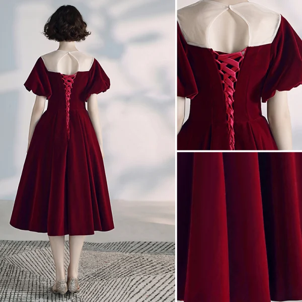 Chic / Beautiful Burgundy Homecoming Graduation Dresses 2020 A-Line / Princess Scoop Neck Suede Short Sleeve Backless Formal Dresses