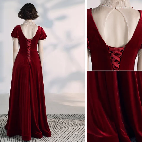Elegantes Borgoña Vestidos de noche 2020 A-Line / Princess Cuello Alto Rebordear Rhinestone Suede Manga Corta Sin Espalda Largos Vestidos Formales