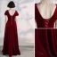 Elegantes Borgoña Vestidos de noche 2020 A-Line / Princess Cuello Alto Rebordear Rhinestone Suede Manga Corta Sin Espalda Largos Vestidos Formales