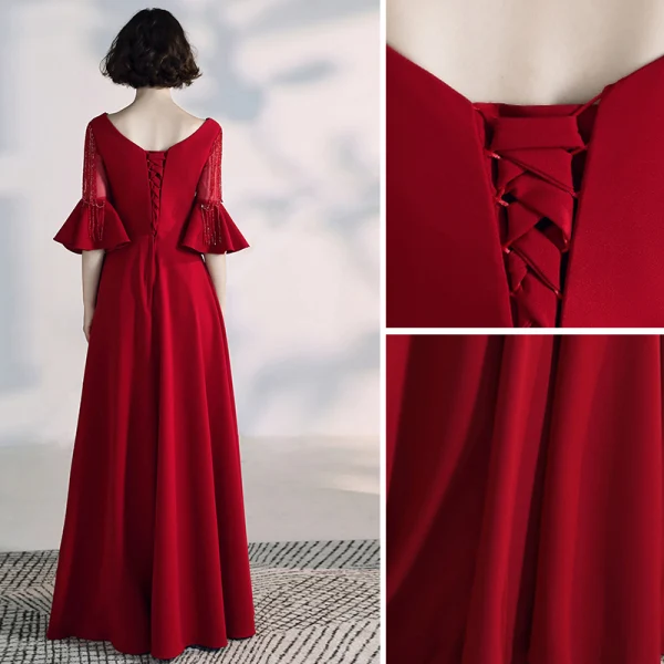 Elegant Burgundy Evening Dresses 2020 A-Line / Princess V-Neck Beading Crystal Tassel Bell sleeves Backless Floor-Length / Long Formal Dresses
