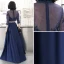 Elegante 2 Stück Marineblau Abendkleider 2020 A Linie Rundhalsausschnitt Perle Spitze Blumen 3/4 Ärmel Lange Festliche Kleider