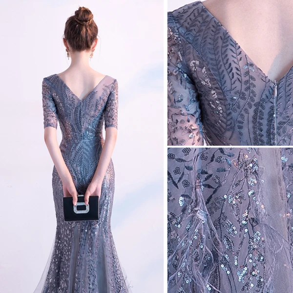 Charmant Gris Robe De Soirée 2020 Trompette / Sirène V-Cou Paillettes 1/2 Manches Dos Nu Longue Robe De Ceremonie