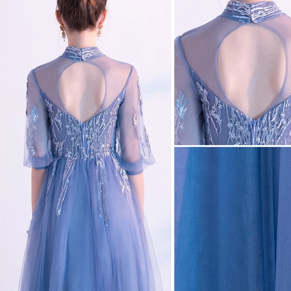 Chic / Beautiful Ocean Blue Evening Dresses 2020 A-Line / Princess High Neck Rhinestone Lace Flower 1/2 Sleeves Backless Floor-Length / Long Formal Dresses