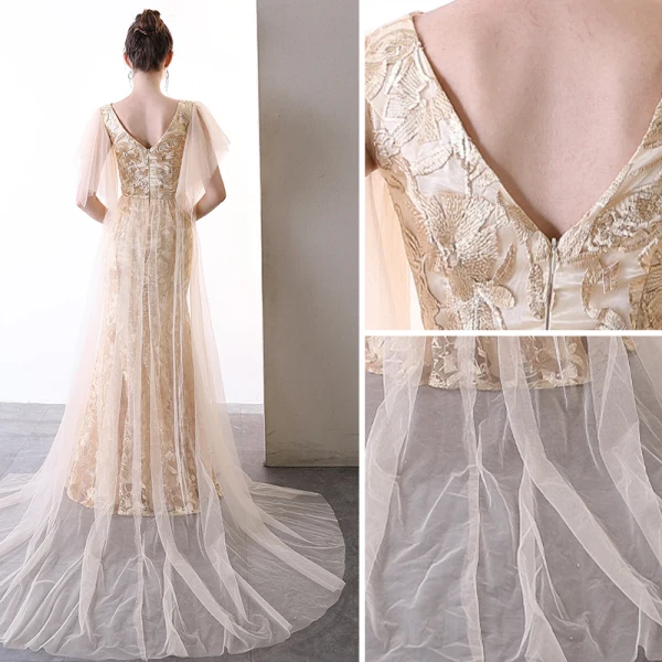 Charmant Champagne Robe De Soirée 2020 Trompette / Sirène V-Cou En Dentelle Faux Diamant Manches Courtes Dos Nu Train De Balayage Robe De Ceremonie
