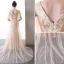 Charmant Champagne Robe De Soirée 2020 Trompette / Sirène V-Cou En Dentelle Faux Diamant Manches Courtes Dos Nu Train De Balayage Robe De Ceremonie