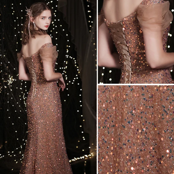 Scintillantes Or Rose Glitter Robe De Soirée 2021 Trompette / Sirène De l'épaule Paillettes Manches Courtes Dos Nu Longue Soirée Robe De Ceremonie