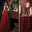 Vintage / Retro Burgundy Prom Dresses 2020 A-Line / Princess High Neck Gold Lace Short Sleeve Backless Floor-Length / Long Formal Dresses
