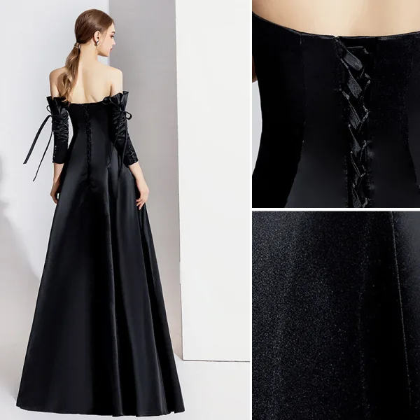 Elegant Black Evening Dresses 2020 A-Line / Princess Off-The-Shoulder Bow 3/4 Sleeve Backless Floor-Length / Long Formal Dresses