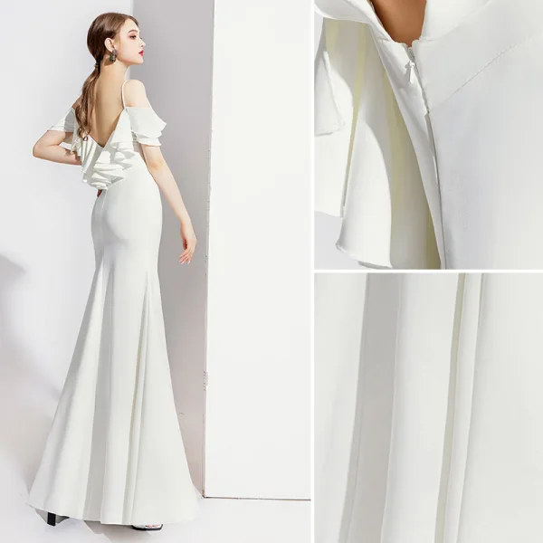 Elegante Ivory / Creme Abendkleider 2020 Meerjungfrau Spaghettiträger Kurze Ärmel Rückenfreies Lange Festliche Kleider