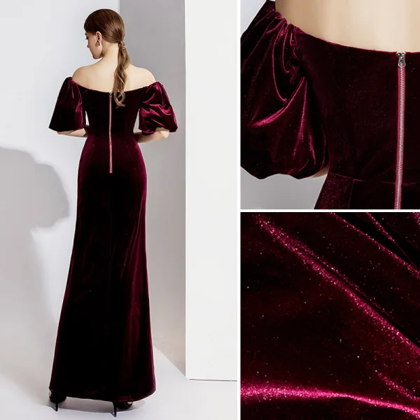 Elegant Burgundy Evening Dresses  2020 Trumpet / Mermaid Suede Off-The-Shoulder Short Sleeve Split Front Floor-Length / Long Formal Dresses