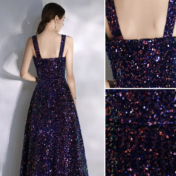 Sparkly Purple Starry Sky Evening Dresses  2020 A-Line / Princess Square Neckline Beading Sequins Sleeveless Backless Floor-Length / Long Formal Dresses