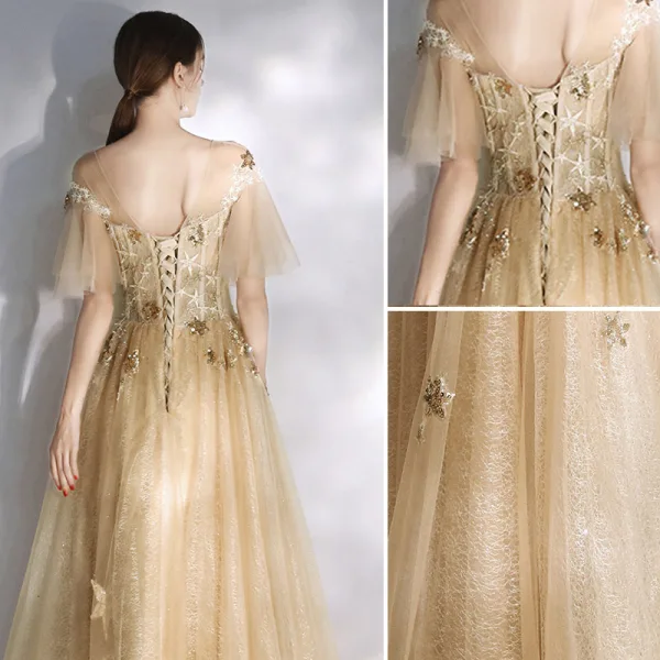 Modern / Fashion Champagne Evening Dresses  2020 A-Line / Princess Scoop Neck Star Lace Sequins Short Sleeve Backless Floor-Length / Long Formal Dresses