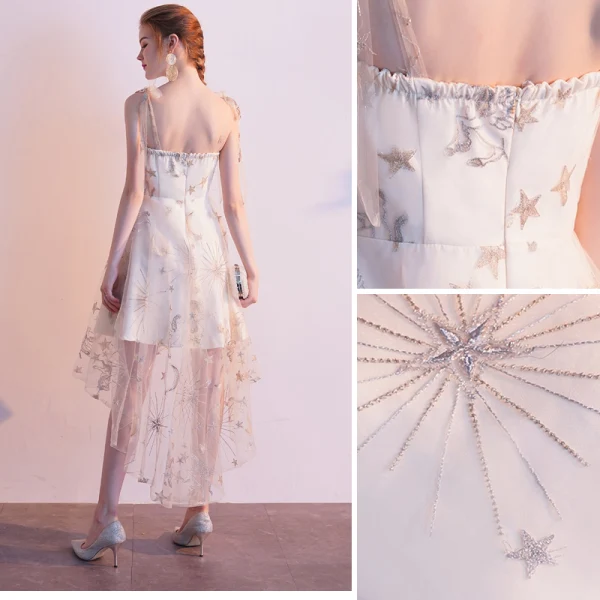 Modern / Fashion Champagne Homecoming Graduation Dresses 2020 A-Line / Princess Spaghetti Straps Lace Star Sleeveless Backless Asymmetrical Formal Dresses