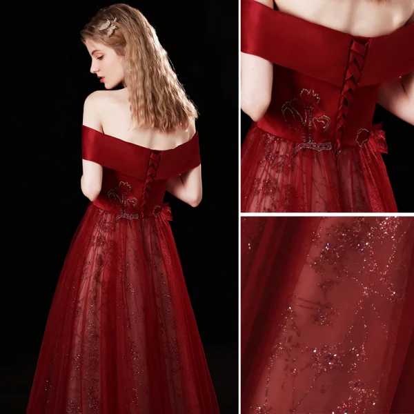 Charming Burgundy Prom Dresses 2021 A-Line / Princess Off-The-Shoulder Beading Rhinestone Sequins Sleeveless Backless Floor-Length / Long Prom Formal Dresses