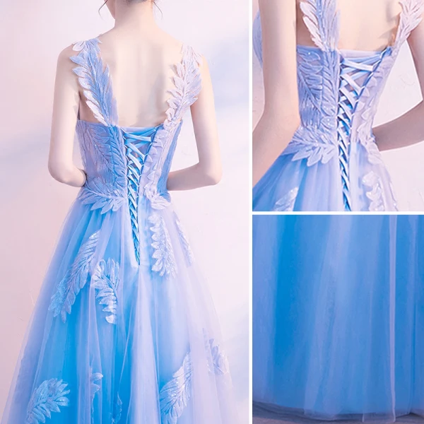 Chic / Beautiful Sky Blue Evening Dresses 2018 A-Line / Princess Appliques Shoulders Backless Sleeveless Floor-Length / Long Formal Dresses