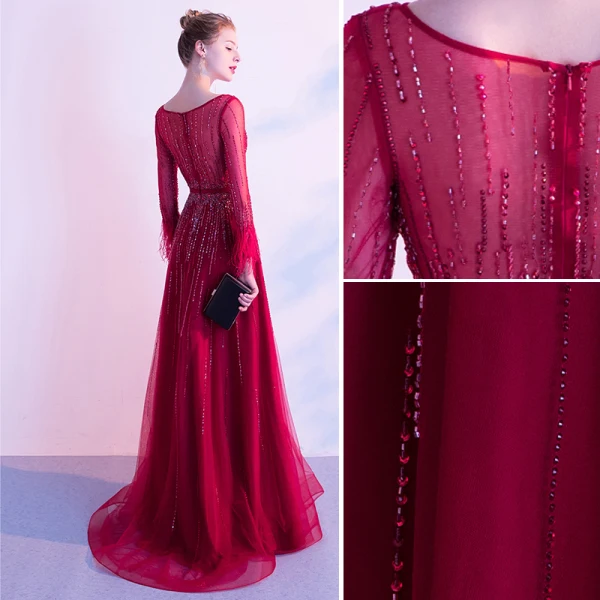 High-end Red Evening Dresses  2020 A-Line / Princess Scoop Neck Beading Crystal Sequins Sash Long Sleeve Floor-Length / Long Formal Dresses