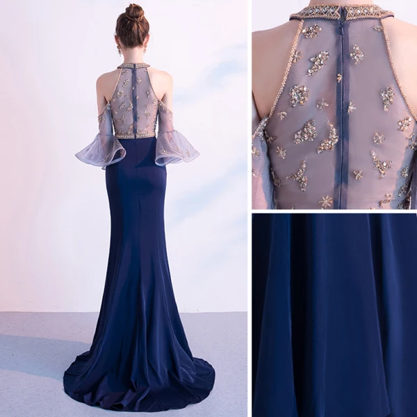 Haut de Gamme Bleu Marine Robe De Soirée 2020 Trompette / Sirène Encolure Dégagée Perlage Cristal Paillettes Manches Courtes Train De Balayage Robe De Ceremonie
