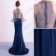Haut de Gamme Bleu Marine Robe De Soirée 2020 Trompette / Sirène Encolure Dégagée Perlage Cristal Paillettes Manches Courtes Train De Balayage Robe De Ceremonie