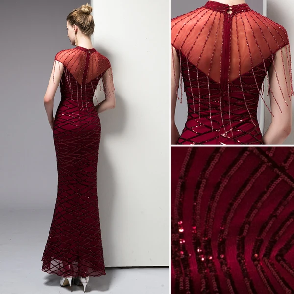 Chic Bordeaux Robe De Soirée 2020 Trompette / Sirène Perlage Gland Paillettes Col Haut Manches Courtes Longue Robe De Ceremonie