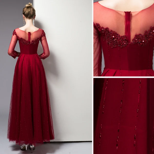 Classy Burgundy Evening Dresses 2020 A-Line / Princess Scoop Neck Beading Crystal Sequins 3/4 Sleeve Ankle Length Formal Dresses
