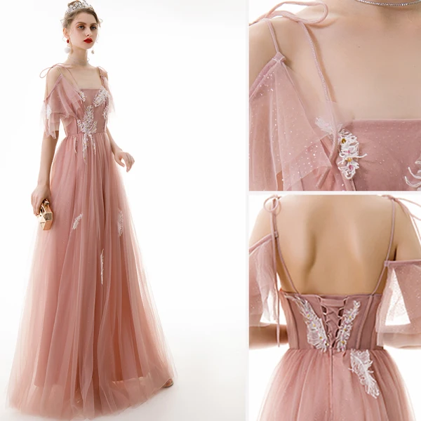 Chic / Belle Perle Rose Robe De Soirée 2020 Princesse Bretelles Spaghetti Appliques Paillettes En Dentelle Manches Courtes Dos Nu Longue Robe De Ceremonie