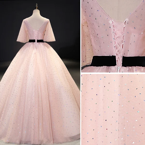 Chic / Beautiful Blushing Pink Prom Dresses 2021 Ball Gown V-Neck Rhinestone Lace Flower Sash Short Sleeve Backless Floor-Length / Long Prom Formal Dresses