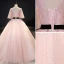 Chic / Beautiful Blushing Pink Prom Dresses 2021 Ball Gown V-Neck Rhinestone Lace Flower Sash Short Sleeve Backless Floor-Length / Long Prom Formal Dresses