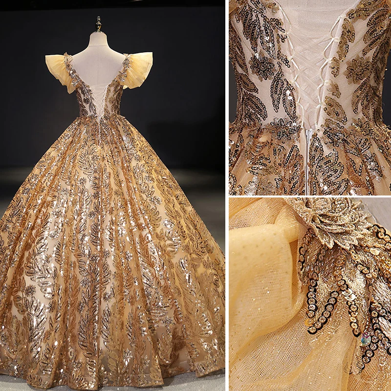 Sparkly Gold Glitter Prom Dresses 2021 Ball Gown Scoop Neck Sequins Sleeveless Backless