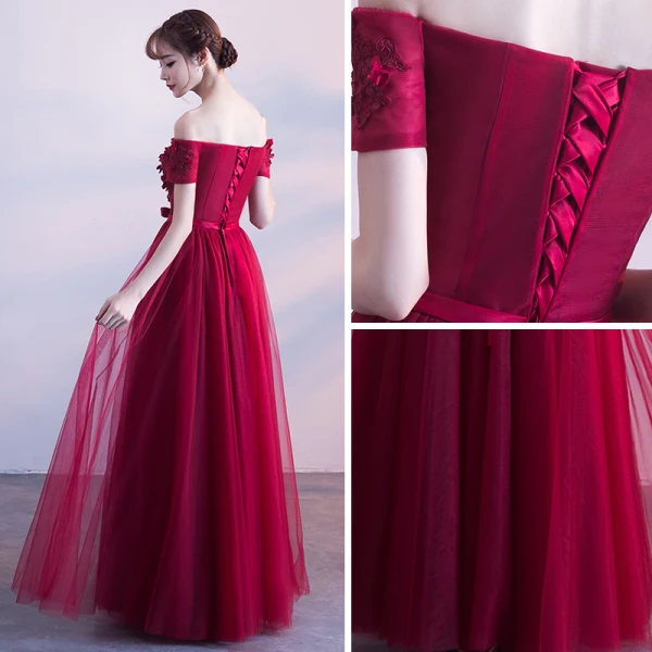 Chic / Beautiful Burgundy Prom Dresses 2018 A-Line / Princess Crystal Appliques Bow Off-The-Shoulder Backless Sleeveless Floor-Length / Long Formal Dresses