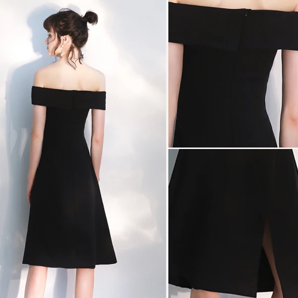 Modern / Fashion Black Party Dresses 2020 A-Line / Princess Off-The-Shoulder Short Sleeve Backless Knee-Length Formal Dresses