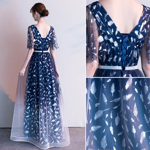 Fashion Navy Blue Evening Dresses  2020 A-Line / Princess V-Neck Feather Printing Short Sleeve Backless Floor-Length / Long Formal Dresses