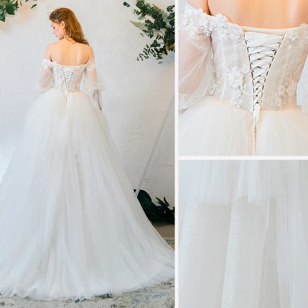 Charmant Ivoire Robe De Mariée 2020 Princesse De l'épaule Appliques En Dentelle Fleur Perle Manches Courtes Dos Nu Train De Balayage