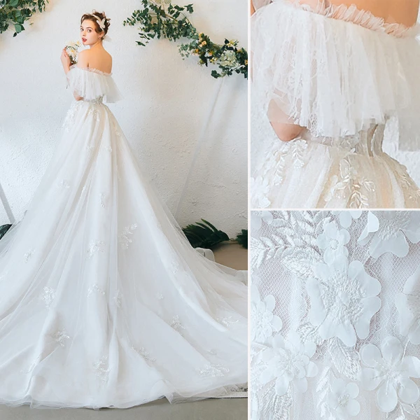 Charming Ivory Wedding Dresses 2020 A-Line / Princess Off-The-Shoulder Lace Flower Appliques Short Sleeve Backless Chapel Train