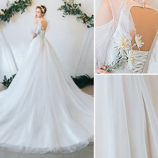 Élégant Ivoire Robe De Mariée 2020 Princesse Volants Encolure Dégagée En Dentelle Fleur 3/4 Manches Dos Nu Tribunal Train