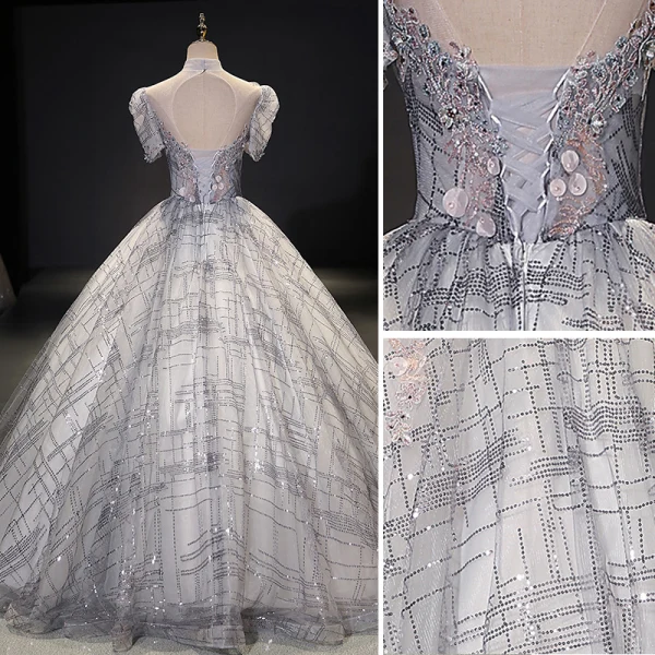 Charming Silver Prom Dresses 2021 Ball Gown High Neck Beading Pearl Sequins Lace Flower Short Sleeve Backless Floor-Length / Long Prom Formal Dresses