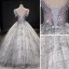 Charming Silver Prom Dresses 2021 Ball Gown High Neck Beading Pearl Sequins Lace Flower Short Sleeve Backless Floor-Length / Long Prom Formal Dresses