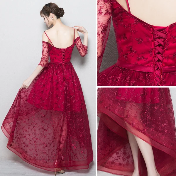 Chic / Belle Bordeaux Robe De Soirée 2018 Princesse En Dentelle Fleur Bretelles Spaghetti Dos Nu 3/4 Manches Asymétrique Robe De Ceremonie
