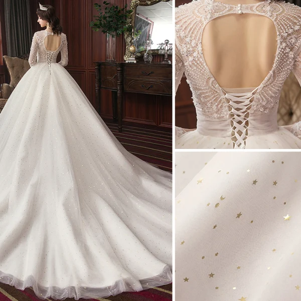 Chic Ivoire Robe De Mariée 2020 Princesse En Dentelle Perlage Étoile Paillettes Perle V-Cou Dos Nu 3/4 Manches Cathedral Train