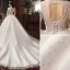 Chic Ivoire Robe De Mariée 2020 Princesse En Dentelle Perlage Étoile Paillettes Perle V-Cou Dos Nu 3/4 Manches Cathedral Train
