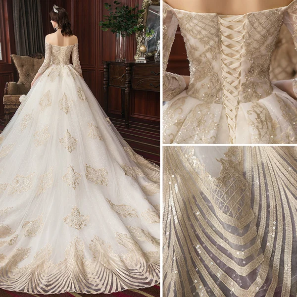 Charming Champagne Wedding Dresses 2020 A-Line / Princess Off-The-Shoulder Beading Sequins Lace Pearl 3/4 Sleeve Backless Cathedral Train