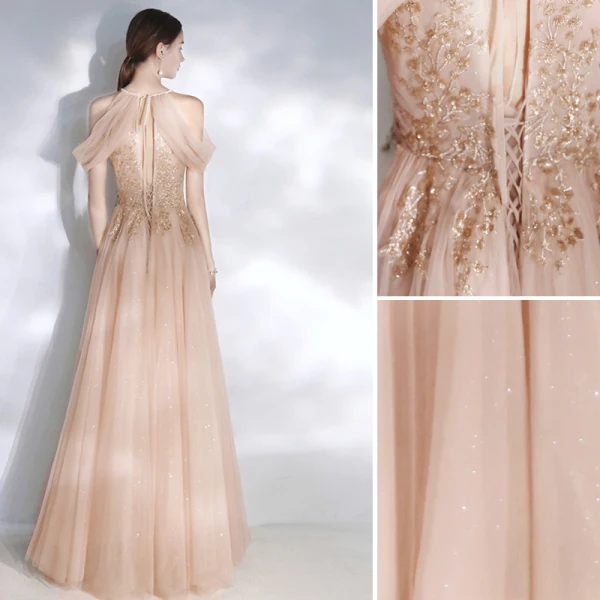 Chic / Beautiful Pearl Pink Evening Dresses 2020 A-Line / Princess Scoop Neck Beading Pearl Lace Flower Sequins Sleeveless Backless Floor-Length / Long Formal Dresses