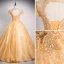 High End Gold Ballkleider 2020 A Linie Rundhalsausschnitt Perlenstickerei Pailletten Perle Spitze Blumen Ärmel Rückenfreies Lange Festliche Kleider