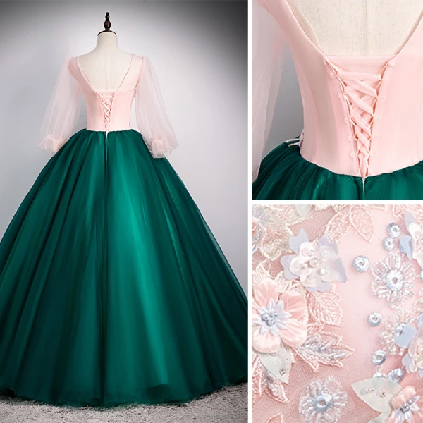 Elegant Dark Green Prom Dresses 2020 Ball Gown Scoop Neck Beading Rhinestone Appliques Lace Flower 3/4 Sleeve Backless Floor-Length / Long Formal Dresses